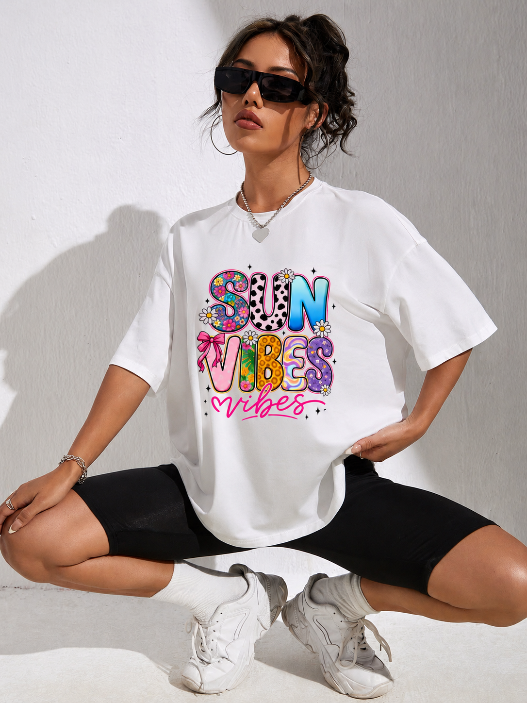 Sun Vibes Graphic Oversized T-Shirt for Women | Aesthetic Floral Summer Print Loose Fit Casual Tee