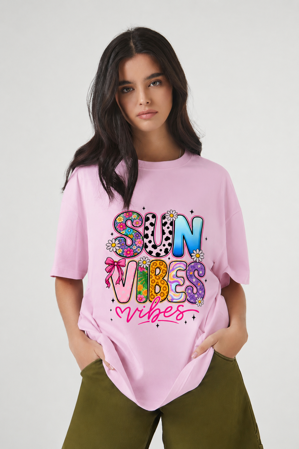 Sun Vibes Graphic Oversized T-Shirt for Women | Aesthetic Floral Summer Print Loose Fit Casual Tee
