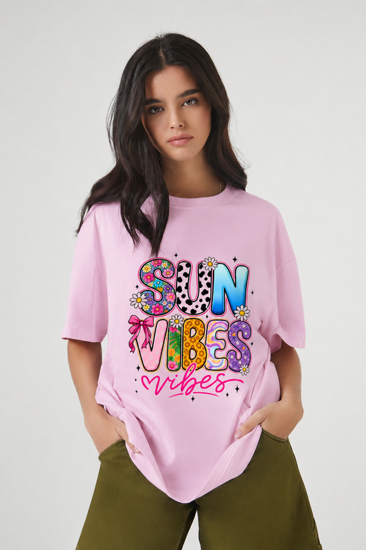 Sun Vibes Graphic Oversized T-Shirt for Women | Aesthetic Floral Summer Print Loose Fit Casual Tee